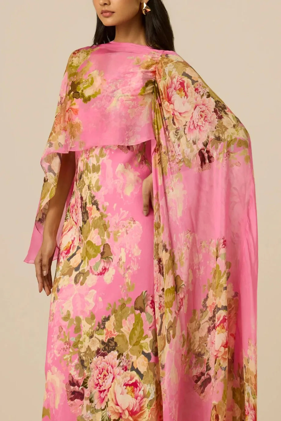 Saro Bias Floral Cape Maxi Dress in Pink