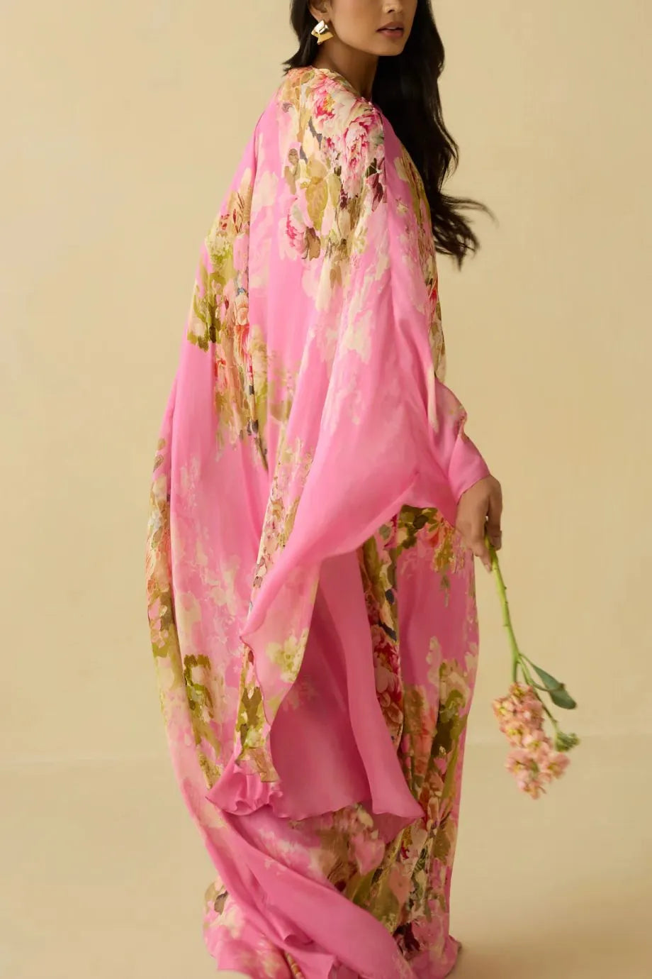 Saro Bias Floral Cape Maxi Dress in Pink