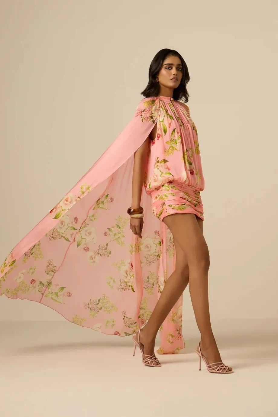 Lena Ruched Cape Mini Dress in Pink
