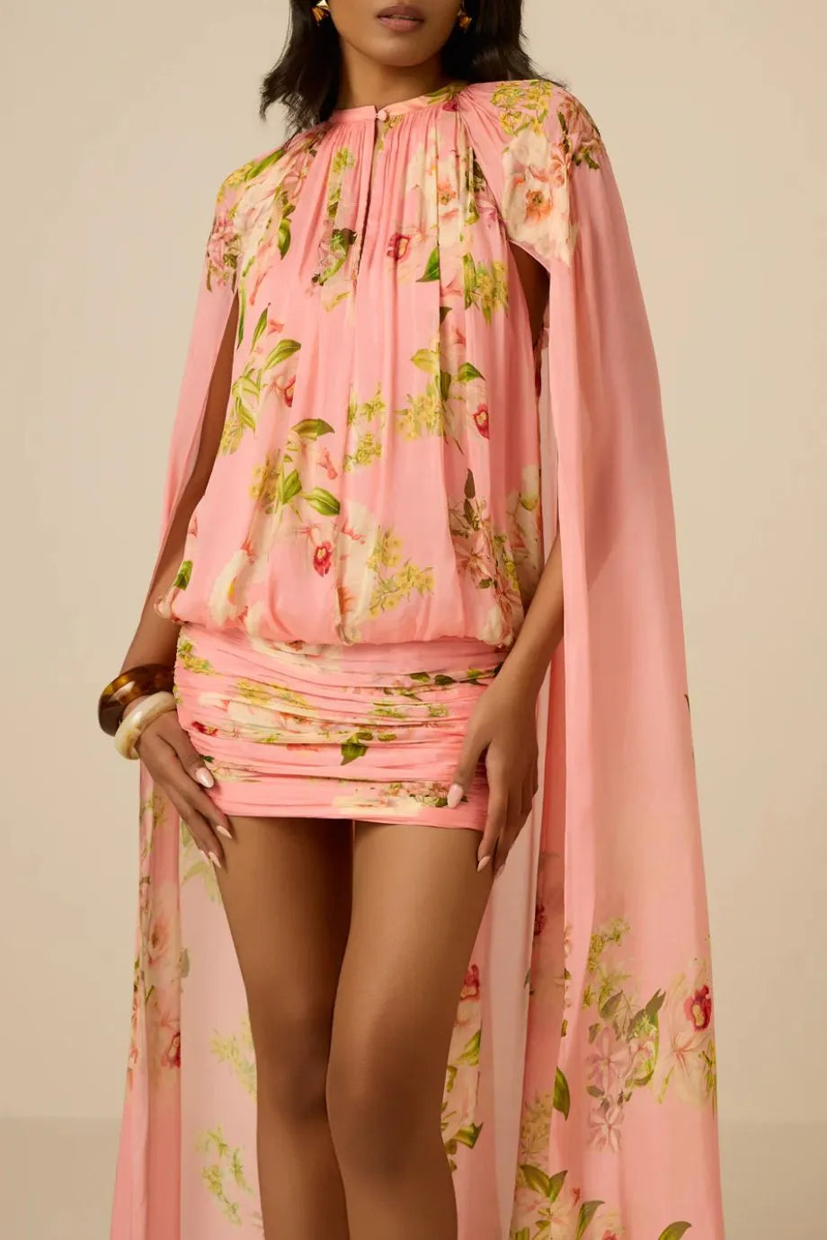 Lena Ruched Cape Mini Dress in Pink
