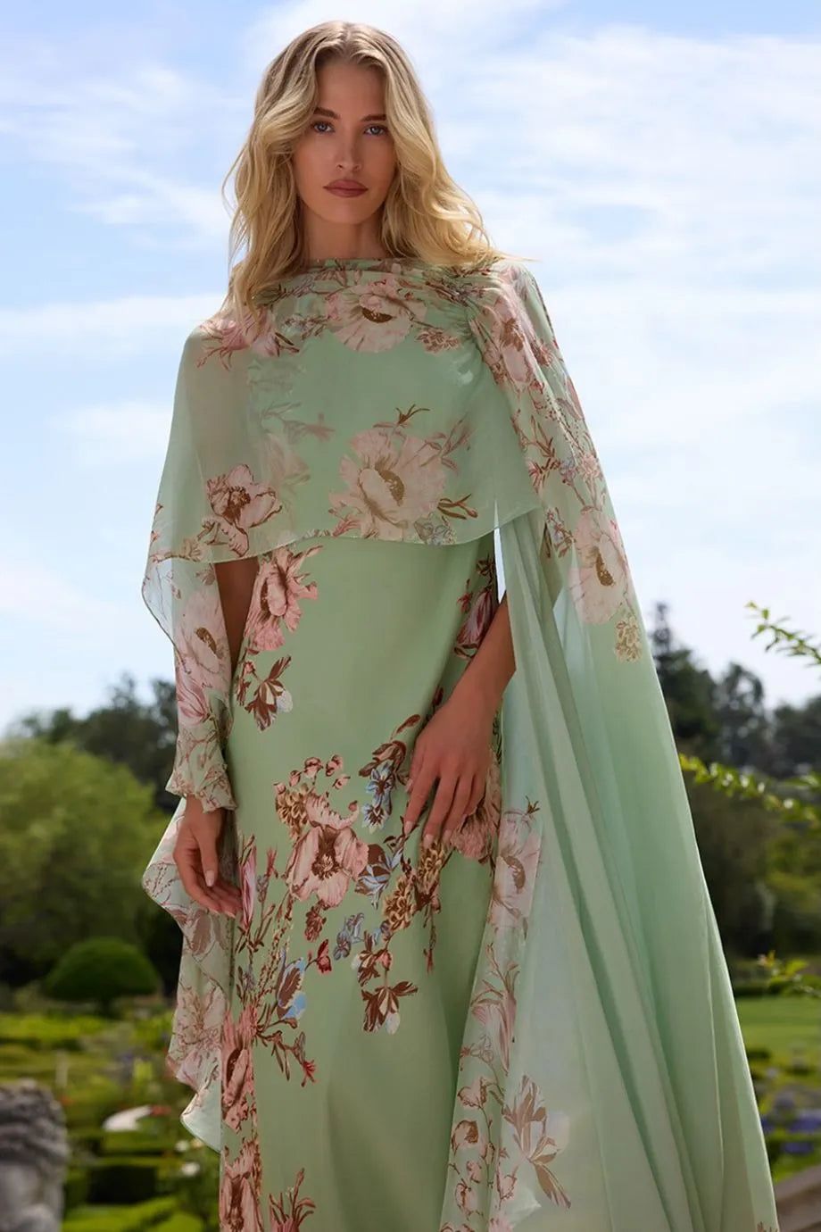 Ezra Bias Floral Cape Maxi Dress in Pink