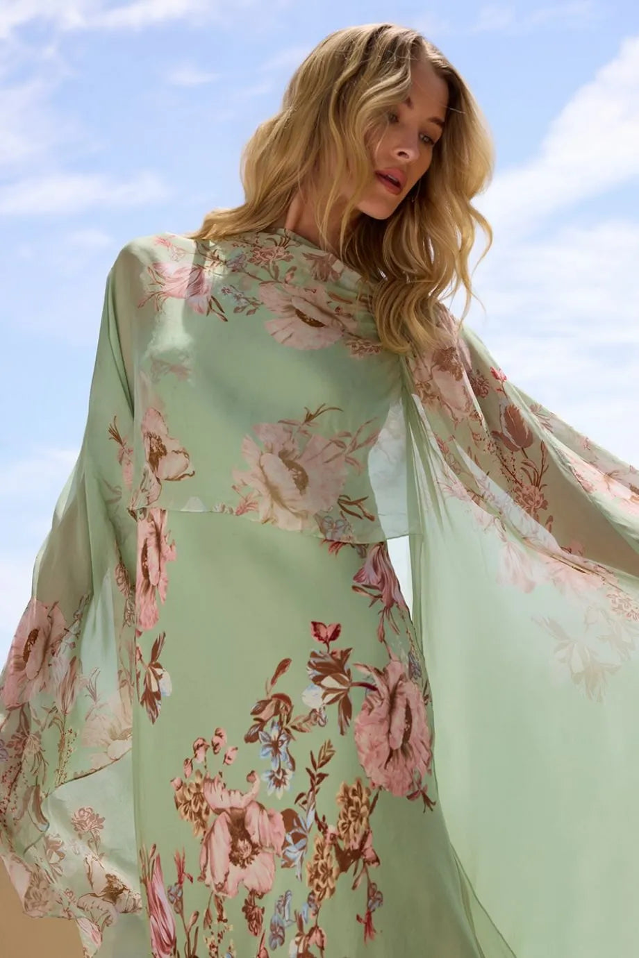 Ezra Bias Floral Cape Maxi Dress in Pink