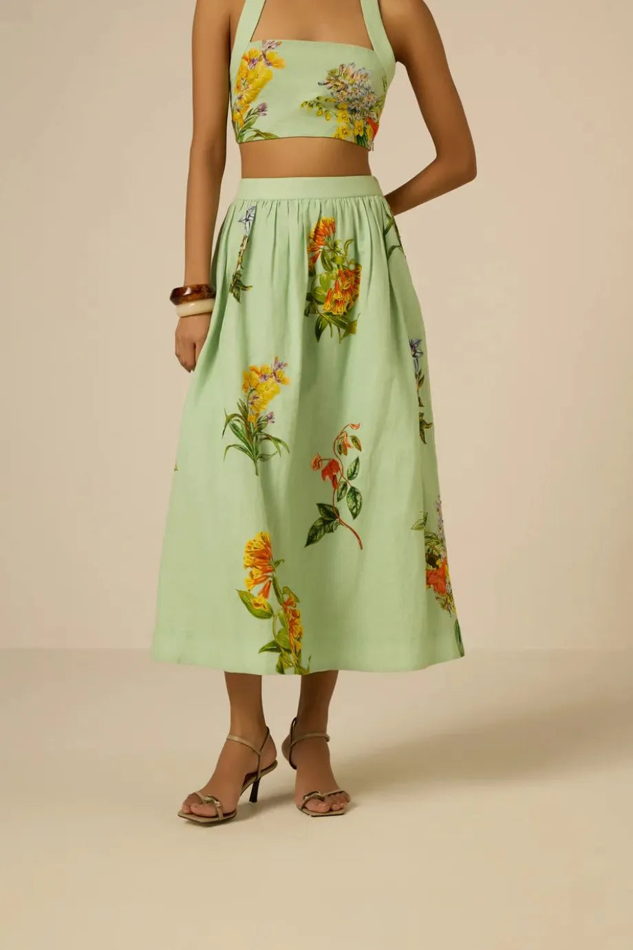Baku Floral Linen Cotton Midi Skirt in Green