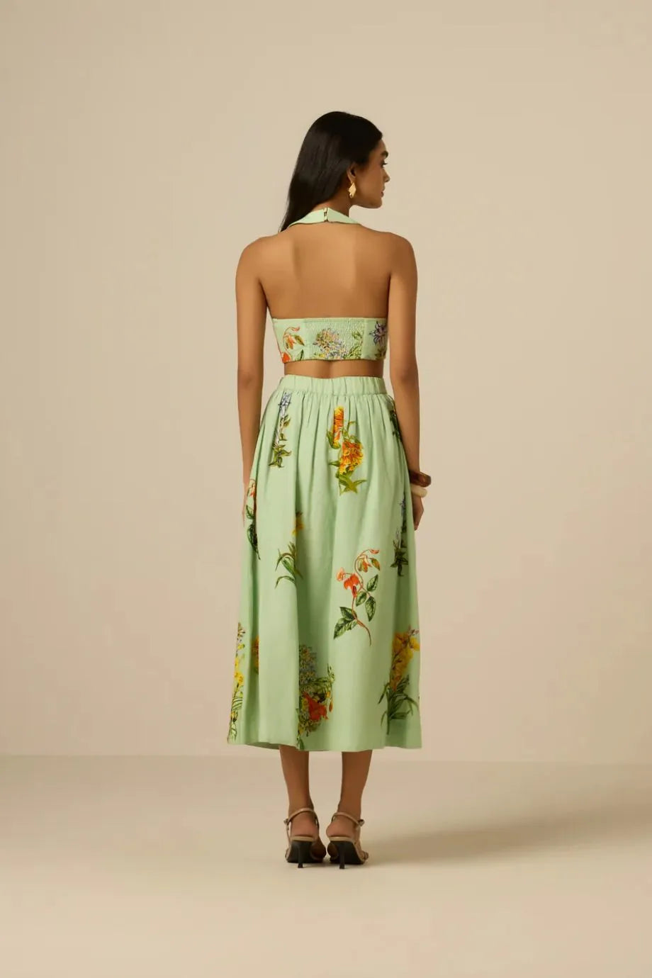 Baku Floral Linen Cotton Midi Skirt in Green