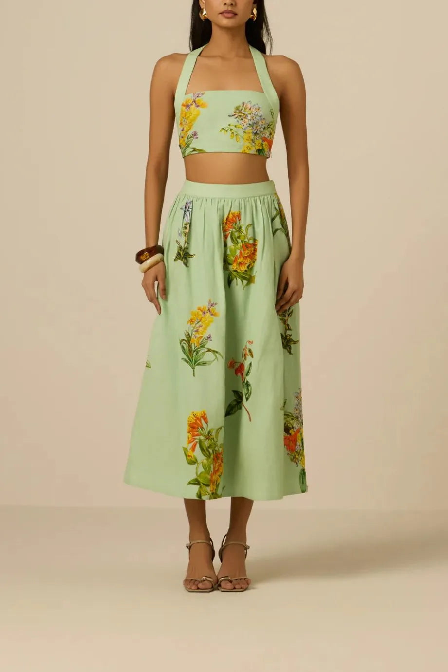 Baku Floral Sleeveless Linen Cotton Crop Top in Green
