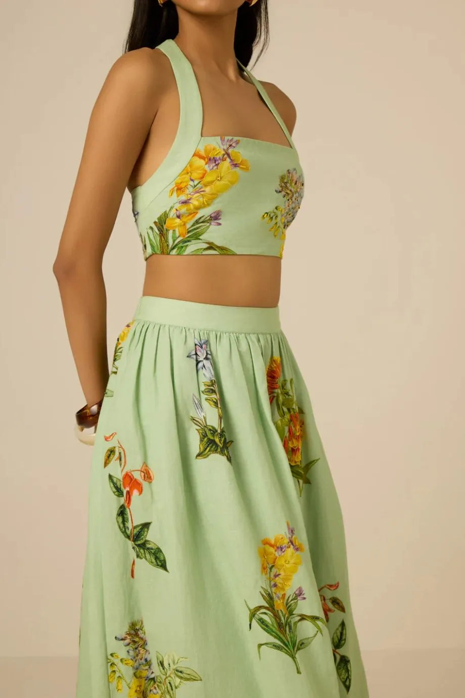 Baku Floral Sleeveless Linen Cotton Crop Top in Green