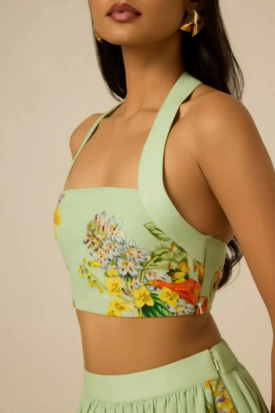 Baku Floral Sleeveless Linen Cotton Crop Top in Green