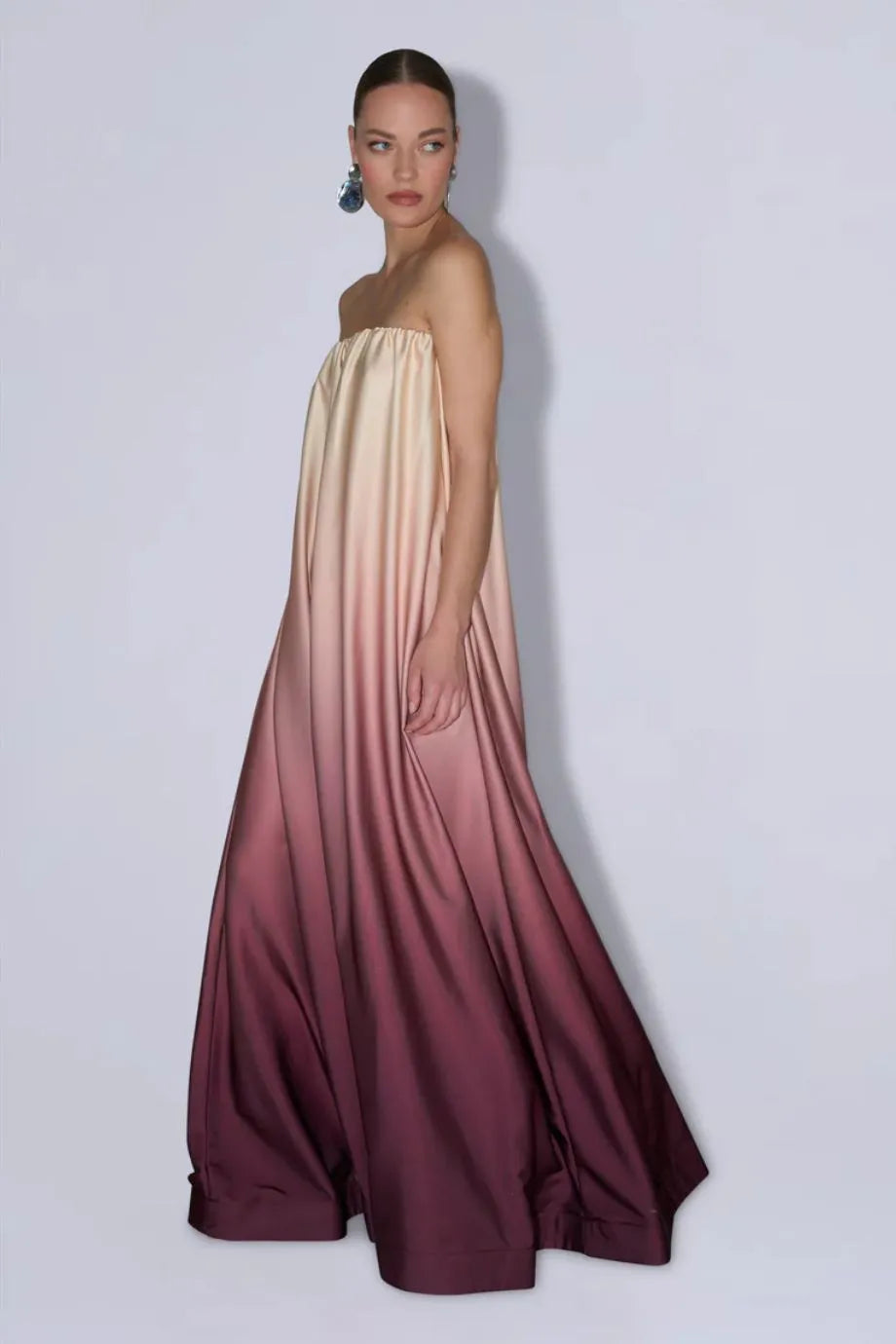 Costiera Souffle Ombre Silk Velvet Strapless Pleated Evening Dress in Red