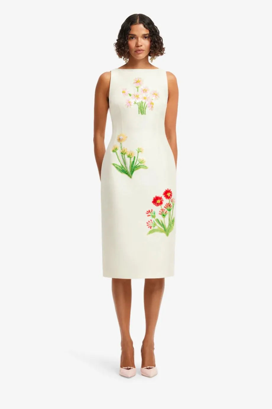Eleanor Floral Embellished Sleeveless Silk Midi Dress in White