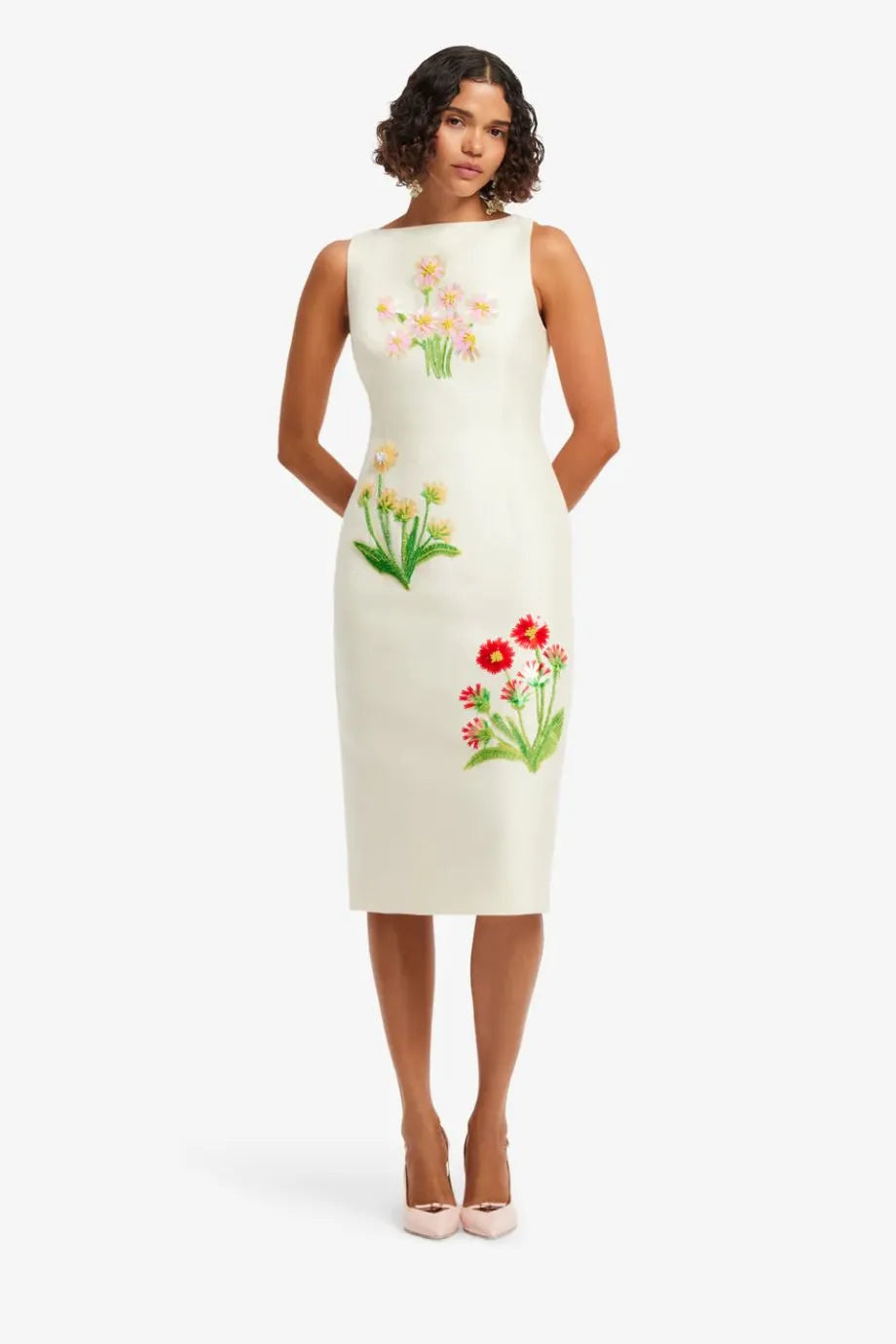 Eleanor Floral Embellished Sleeveless Silk Midi Dress in White