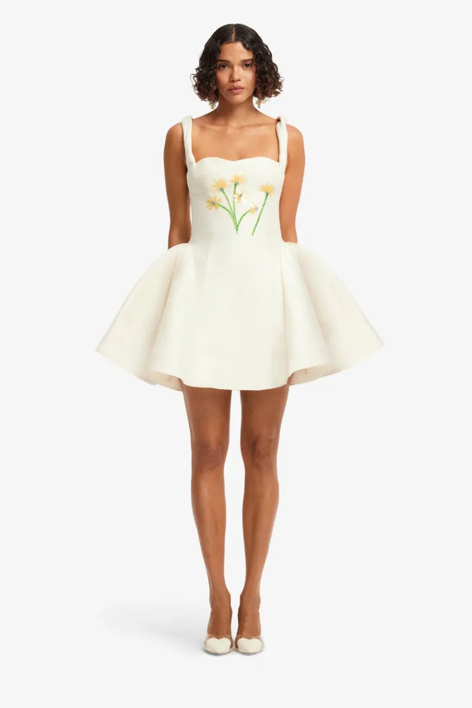 Ariel Floral Embellished Sleeveless Silk Mini Dress in White