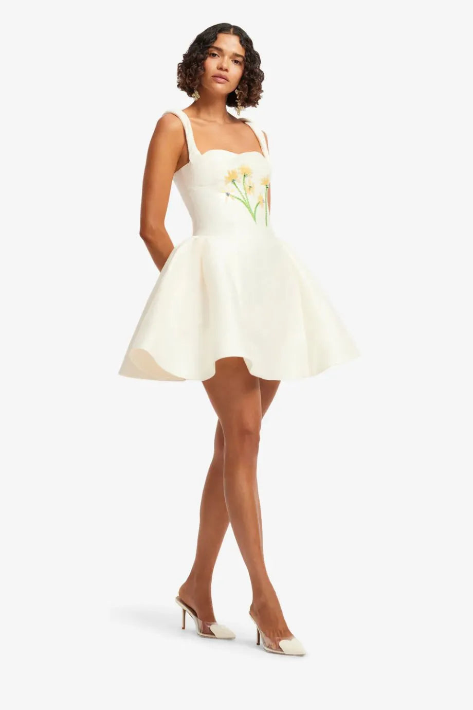 Ariel Floral Embellished Sleeveless Silk Mini Dress in White