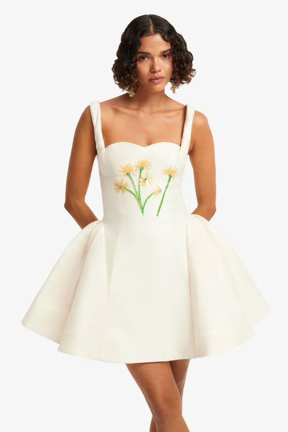 Ariel Floral Embellished Sleeveless Silk Mini Dress in White